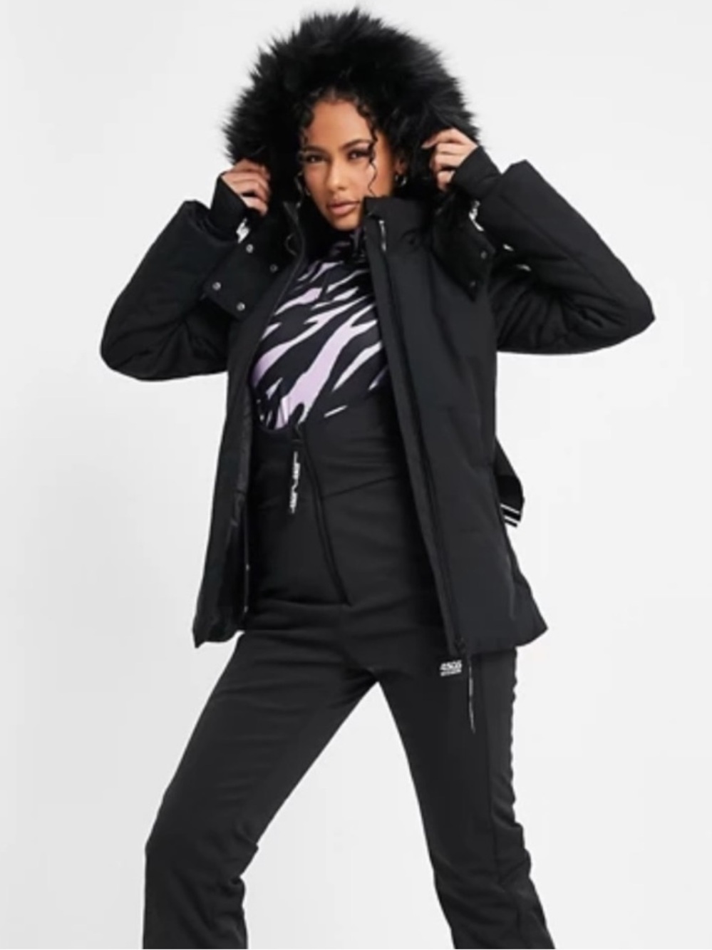 ASOS . 4505 Jacket Ski & Snow Hooded Parka Faux Fur Trim Belted Winter Black